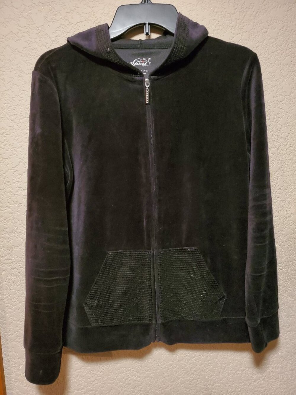 Style & Co Sport Black Velour Zip Hoodie Sweatshirt With Sequins - Size M